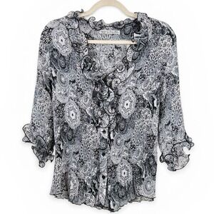 Y2K Signature by Larry Levine Womens Black White Paisley Ruffle Pleated Blouse M